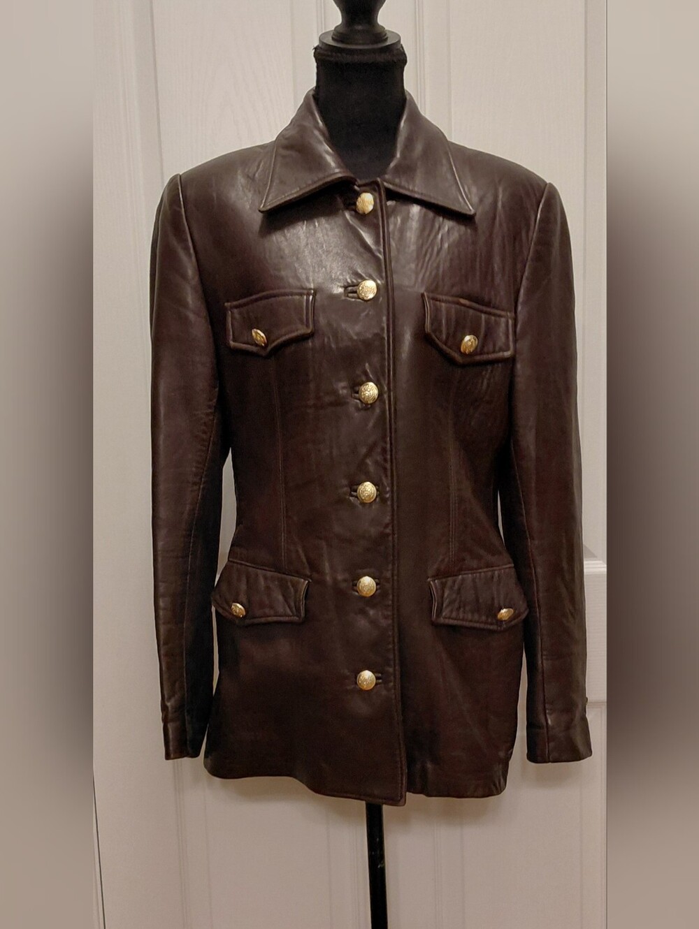 Vintage Henri Bendel Brown Leather Jacket Women's Small 1980s Gold Buttons